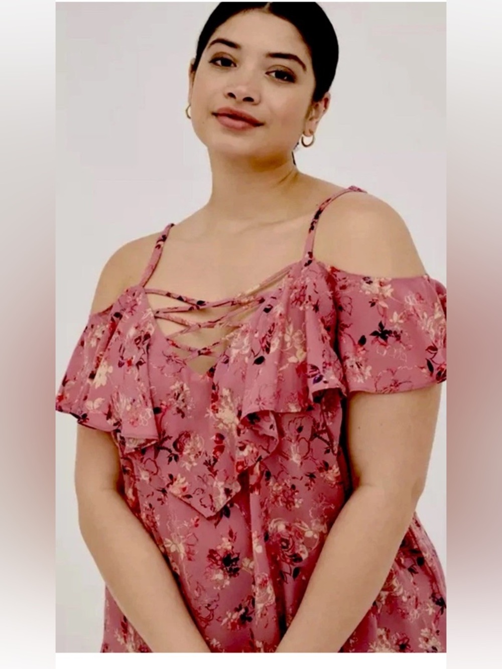 Torrid Top 1 Lace Up Cold Shoulder Blouse Georgette Floral Dusty Rose Shirt 1X
